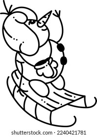 Snowman doodle2. A cute snowman in a winter hat is sledding. Cartoon white and black vector illustration.