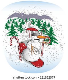 Snowman in a downhill slalom. Make your own blizzard using puffball on the hat as a brush. Fully editable EPS10.