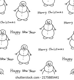 Snowman drawn with black marker on white paper with inscription. Christmas background with a snowman. New Year concept. Wrapping paper for gifts for the new year. Christmas seamless pattern.