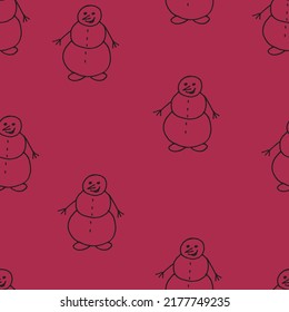 Snowman drawn with black marker on wildberry paper. Christmas background with a snowman. New Year concept. Wrapping paper for gifts for the new year. Christmas seamless pattern.