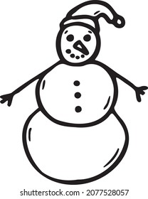 Snowman drawn vector doodle illustration. Winter element. Isolated on white background. Hand drawn simple element