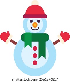 Snowman dressed in cheerful winter attire, joyfully celebrating the Christmas season with a bright red hat and a cozy green scarf, spreading festive cheer and warmth