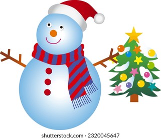 Snowman dressed as Santa Claus in front of the Christmas tree