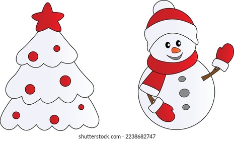 A snowman dressed in warm red clothes next to a Christmas tree decorated with balls and a star.
