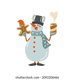Snowman drinking coffee. Cute snowman in warm scarf holding cup of hot drink and gingerbread in his hands. Christmas cartoon character, hand drawn vector illustration isolated on white. Flat design 