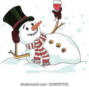 Muñeco de nieve bebiendo vino tinto.  Arte e ilustración