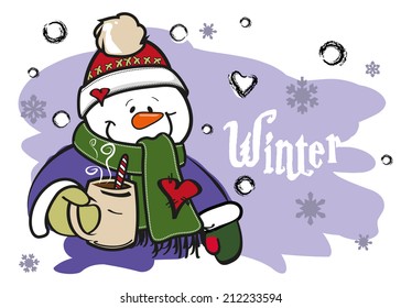 Snowman drinks coffee in winter