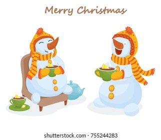 snowman drinks tea, christmas, new year