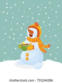 snowman drinks tea, christmas, new year