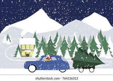 Snowman drives in a retro car on a winter road. Large Christmas tree in a trailer. Winter snow forest at night, christmas. Snowfall. Vector illustration.