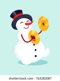 Snowman with drum ?ymbal common percussion musical instrument vector illustration with cartoon winter character in hat isolated on white background