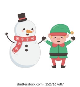 snowman and elf holding hands decoration merry christmas vector illustration