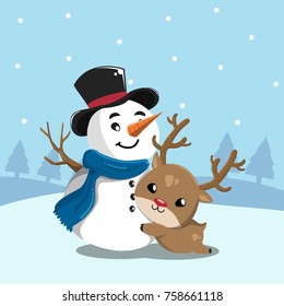 Snowman embraces a happy deer in the snow.