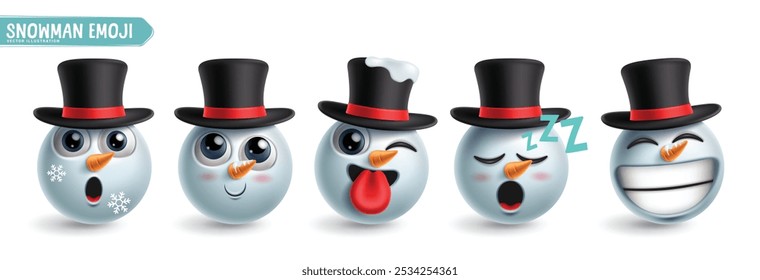 Snowman emoji character vector set. Emoticon snow man 3d character in happy, naughty, sleepy, winking and funny facial expression wearing hat elements. Vector illustration snowman emojis collection. 
