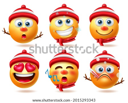 Snowman emoji christmas characters vector set. Snow man emojis 3d character in sick, inlove and singing facial expressions for winter xmas emoticon collection design. Vector illustration  