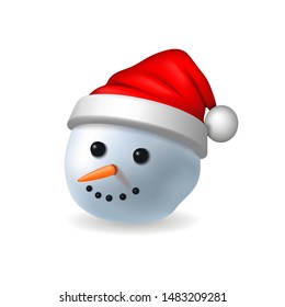 Snowman face 3D. Realistic snowman head isolated white background. Cartoon graphic design. Comic expression costume. Funny face, carrot, coals eyes, pebbles mouth. Smiling face Vector illustration