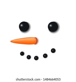 Snowman face 3D. Realistic snowman isolated white background. Cartoon graphic design. Comic expression costume. Funny face, carrot, coals eyes, pebbles mouth. Smiling simple face Vector illustration
