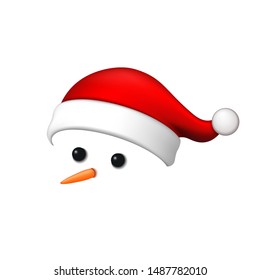 Snowman face 3D. Realistic snowman isolated white background. Cartoon graphic design. Comic expression Santa Claus costume. Funny face, carrot, coals eyes, pebbles. Simple face Vector illustration