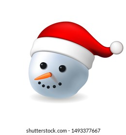 Snowman face 3D. Realistic snowman isolated white background. Cartoon head graphic design. Comic expression Santa Claus costume. Funny face, carrot, coals eyes. Simple face Vector illustration