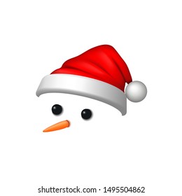 Snowman face 3D. Realistic snowman isolated white background. Cartoon head graphic design. Comic expression Santa Claus costume. Funny face, carrot, coals eyes. Simple face Vector illustration
