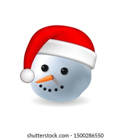 Snowman face 3D. Realistic snowman isolated white background. Cartoon head graphic design. Comic expression Santa Claus costume. Funny face, carrot, coals eyes. Simple face Vector illustration