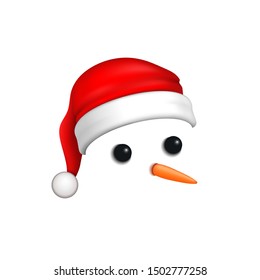 Snowman face 3D. Realistic snowman isolated white background. Cartoon head graphic design. Comic expression Santa Claus costume. Funny face, carrot, coals eyes. Simple face Vector illustration