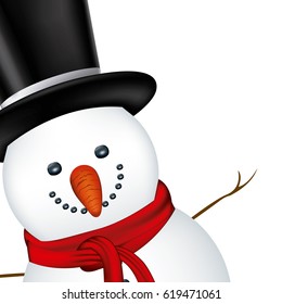 snowman face with black hat and scarf vector illustration
