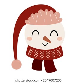 Snowman face clipart. Cute winter character. Hand draw vector illustration in flat style