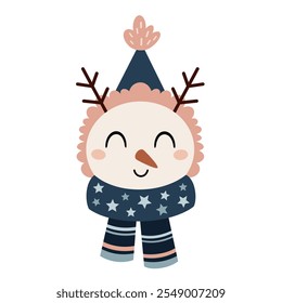 Snowman face clipart. Cute winter character. Hand draw vector illustration in flat style