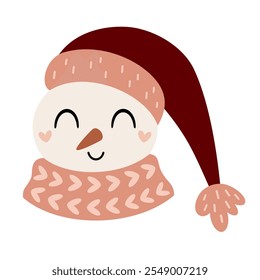 Snowman face clipart. Cute winter character. Hand draw vector illustration in flat style