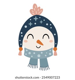 Snowman face clipart. Cute winter character. Hand draw vector illustration in flat style