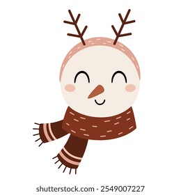 Snowman face clipart. Cute winter character. Hand draw vector illustration in flat style