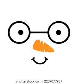 Snowman face with glasses. Snowman head on white background. Flat cartoon character. Christmas decoration. Vector illustration.