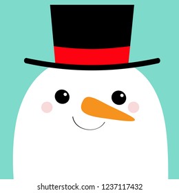 Snowman face head. Carrot nose, black hat. Merry Christmas. Cute cartoon funny kawaii character. Blue winter background. Happy New Year. Greeting card. Flat design. Vector illustration