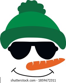 Snowman face icon. Funny snowman in green hat big eyes, carrot nose. 
