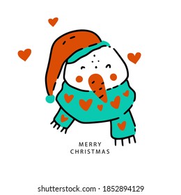 Snowman face icon with heart. Christmas winter holiday vector illustration. Merry Christmas hand drawn card in doodle style. Traditional New Year symbol.