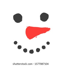 Snowman face icon. Painted eyes, carrot nose and dots mouth. Simple Christmas smiley. Minimal Happy New Year Card. Brush strokes texture. Vector winter illustration. Cute emoticon or emoji.