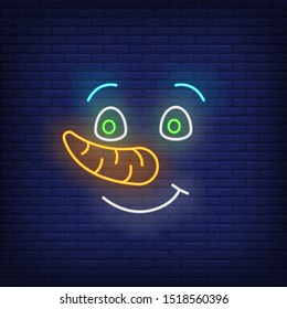 Snowman face neon sign. Eyes, carrot nose, smile. Vector illustration in neon style for topics like Christmas, Xmas, cute cartoon character