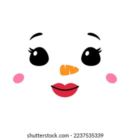 Snowman face on white background. Snowman girl with red lips and carrot nose. Flat cartoon character. Christmas decoration. Vector illustration.