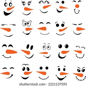 Snowman Face Set Isolated Vector Outline