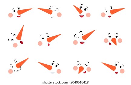 Snowman face. Snowmen smiling faces, winter holiday carrot nose. Cute graphic christmas decorations for stickers, cards, banners decent vector set