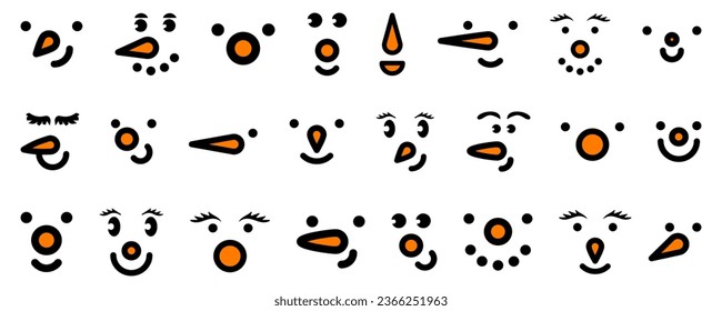 Snowman faces character emotion. Christmas cartoon snowman faces. Cute and funny snowman face icons