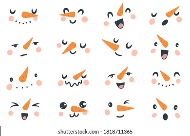 Snowman faces. Christmas different funny snowmen heads with carrot nose and eyes, mouth and eyelashes with various emotions cute winter holidays vector doodle isolated snowy characters collection