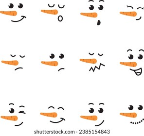 Snowman facial expressions. Funny faces, snowman with carrot nose vector set