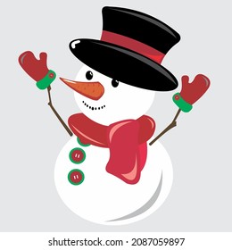 snowman facing left wearing black hat, red scarf and gloves with green combination, with wooden hands and carrot nose on gray background