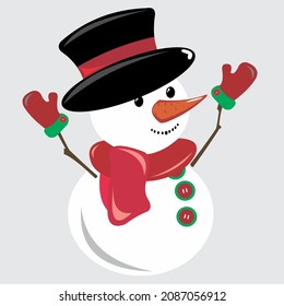 snowman facing right wearing black hat, red scarf and gloves with green combination, with wooden hands and carrot nose on gray background