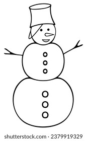Snowman. Fairy-tale character with a bucket on his head. Sketch. Vector illustration. Doodle style. Coloring book for children. Outline on isolated background. A man made of lumps of snow.