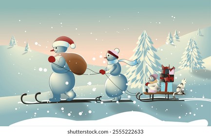 Snowman family with cat on winter landscape background going home with gifts, cute colored vector illustration in cartoon style