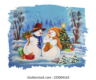 Snowman Family Christmas Card. Father snowman, mother snowman and snowman child celebrating Christmas and sharing gifts.