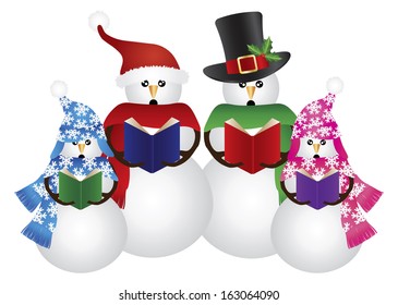 Snowman Family Christmas Carolers with Hat and Scarf Isolated on White Background Vector Illustration